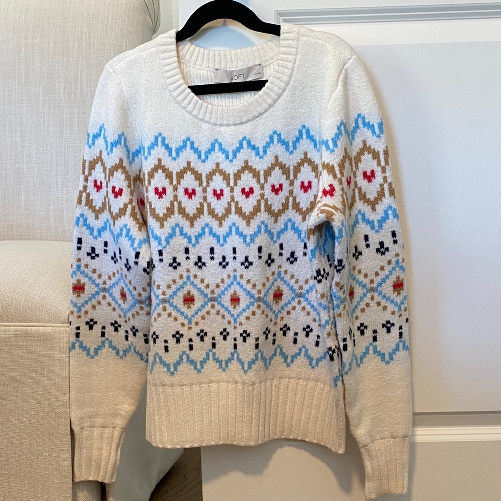 Loft Cream Multicolor Patterned Sweater - image 1